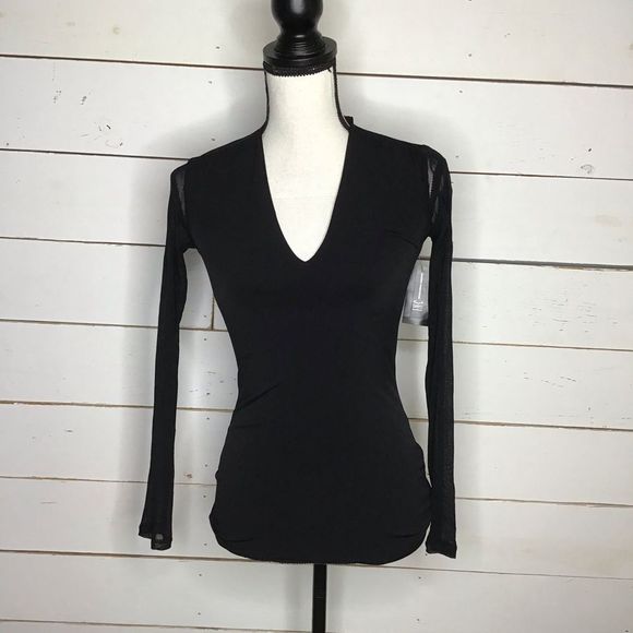 INC Deep Illusion Black Blouse V Neck Mesh Sleeve - Picture 1 of 8